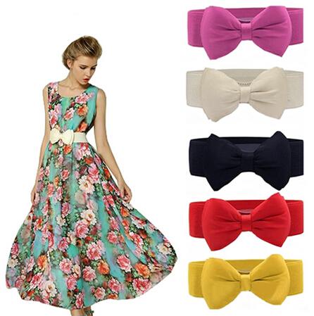 2016 Fashion Hot Sweet Women Bowknot Cummerbund Elastic Bow Wide Stretch Buckle Waistband Waist Belt 6 Colors