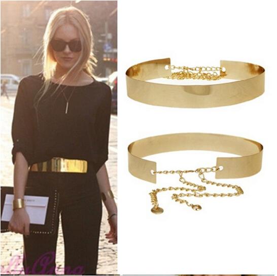 Amazing New Fashion Punk Full Metal Mirror Waist Belt for women Metallic Plate Wide Cummerbunds With Chains gold silver