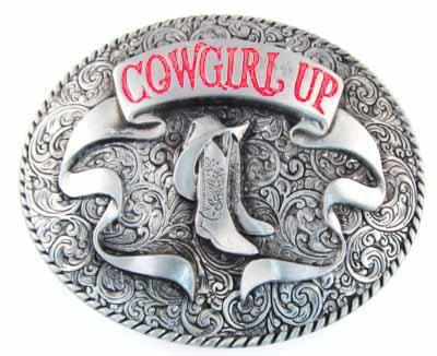 WESTERN BELT BUCKLE Cowgirl Up with rodeo boots oval belt buckle