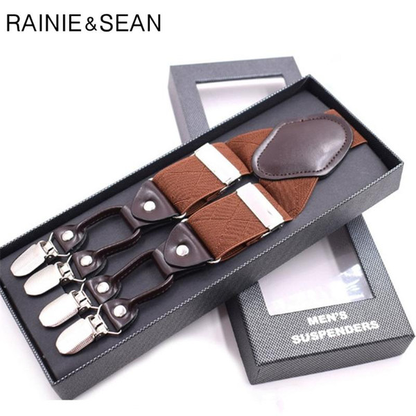 RAINIE SEAN Wedding Suspenders Men Vintage Braces 6 Clips Y Back British Style Solid 3.5CM Male Suspenders For Shirts Brown