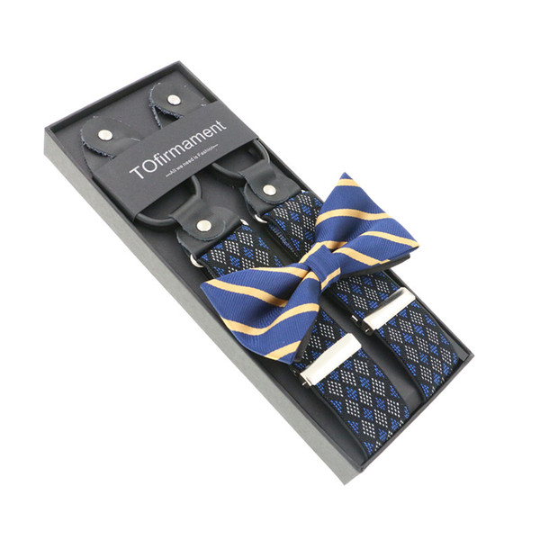 Novelty Grid Printed Suspenders Bowtie Set Men 6 Buttons Braces Vintage For Trousers Husband Male Suspensorio