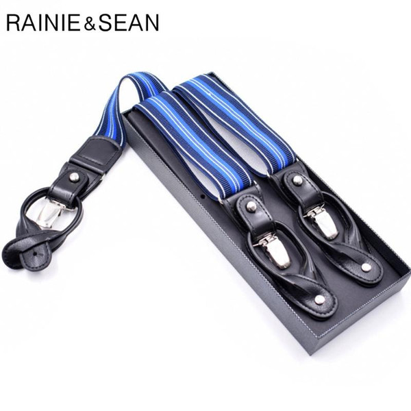 RAINIE SEAN Mens Braces For Trousers Blue Striped Suspenders Men Vintage Clips Button Y Back Femlae Male Suspender Belt