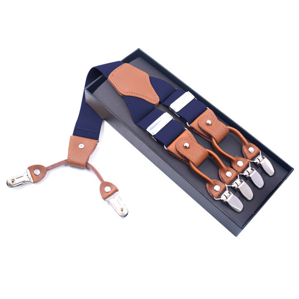 2019 new personality casual temperament adult men 6 clip strap elastic top layer leather adjustable Y-shaped cross hang belt