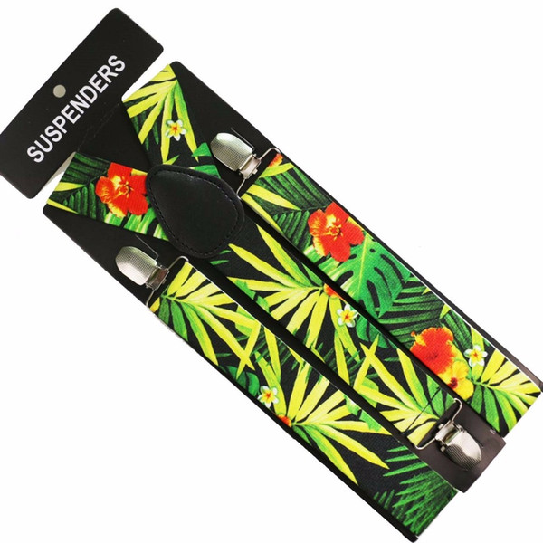 Winfox Multicolor Tropical Flower Leaf Print Clip-on Y Back Elastic Suspenders Braces for Mens Women