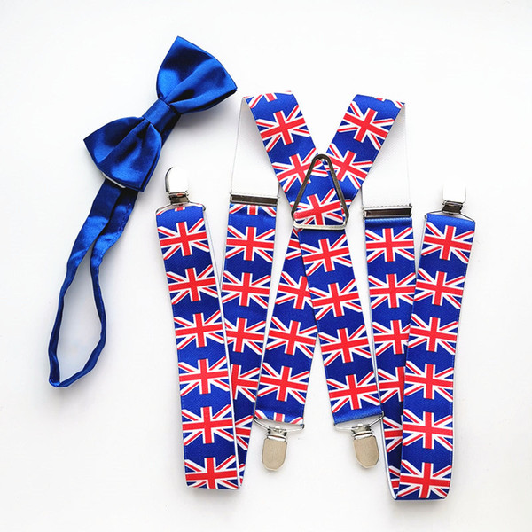 New Design British Flag Suspender Royal Blue Butterfly Bow Tie Set Big Men Women Adult Braces Neck Tie Match Shirt LB045