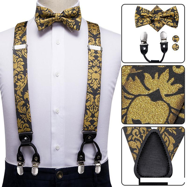 Hi-Tie Silk Adult Men suspenders Set Leather Metal 6 Clips Braces Gold Floral Vintage Mens Women Elastic Wedding Suspensorio