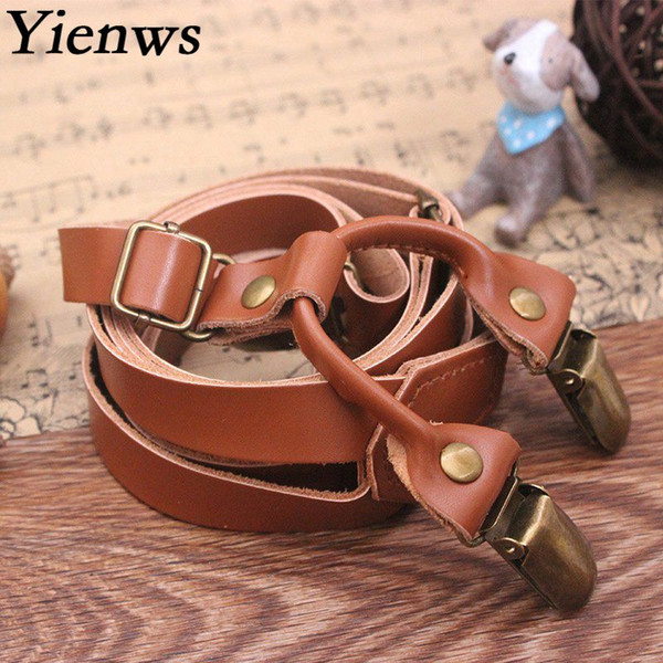 Genuine Leather Suspenders for Men Women Brown Vintage Suspenders with 4 Clip Bronze Pants Bretelles YiA150