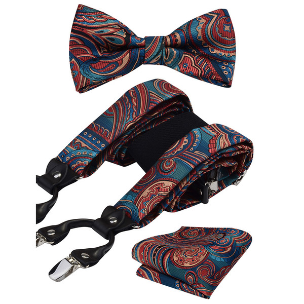 GUSLESON Mens Suspender Floral Paisley Various Braces Classic 6 Clips Y Shape Suspenders Bowtie and Pocket Square Set