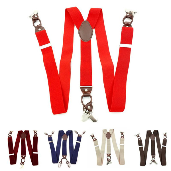 Leather Alloy 6 Clips Y-Back Elastic Suspenders for Male Vintage Casual Commercial Wstern-style Trousers(Wine Red)