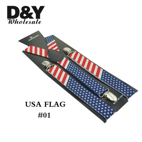 2.5cm/1inch wide USA America Flag Pattern Suspender Unisex Clip-on Braces Elastic Slim Suspender Y-Back Braces