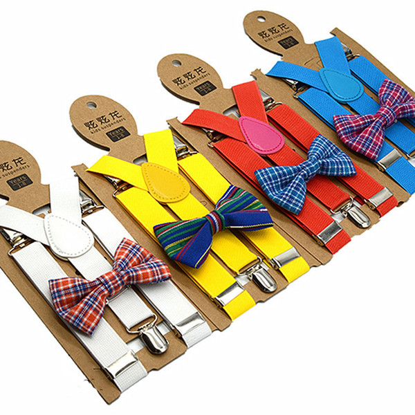 Suspenders bow tie set kids adjustment length high elasticity 80-130 cm height trouser suspender solid pattern 3 clips