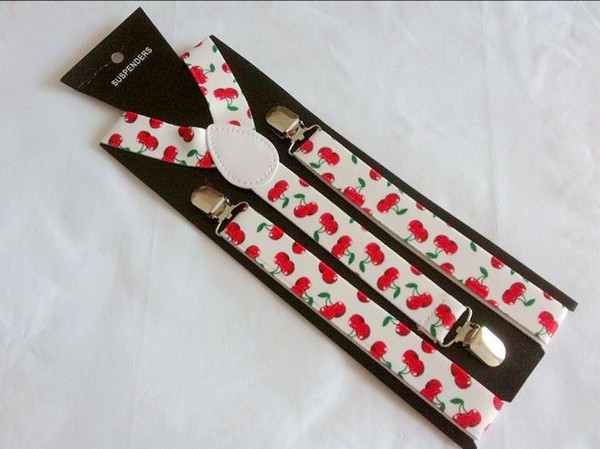 Free Shipping 2018 Women/Mens Clip-on Lovely White Cherry Braces Elastic Y-back Suspenders ,2.5cm width