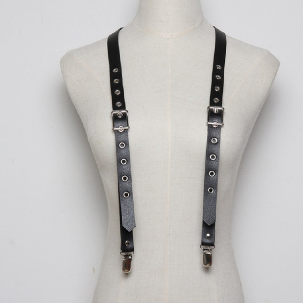 Man male Fashion Stud Punk Leather Suspender Belt Handmade Unisex leather garters Body Bondage double Belts hook buckle clips