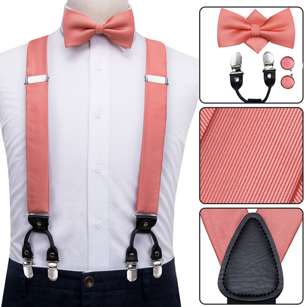 Hi-Tie 100% Silk Adult Men's suspenders Bow tie Cufflinks Set Leather Metal 6 Clips Braces Elastic Suspenders Men Coral Peach