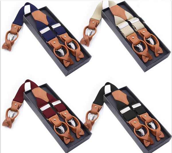 Men's 6-Piece Button Adult Strap Dual-use Brown Leather Casual Suspenders