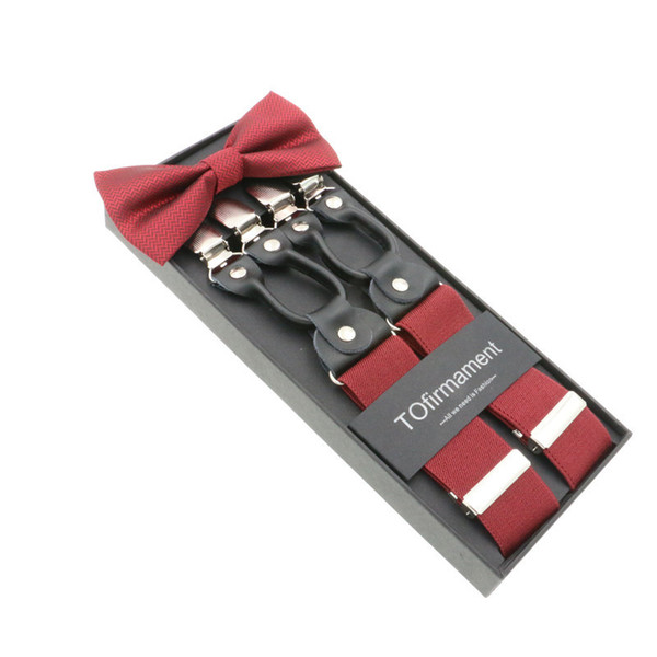 6 Clip Men's Suspender Bowtie Set Genuine Leather Solid Men Braces Supports Elastic Adjustable Pants Straps Clothing Tirantes