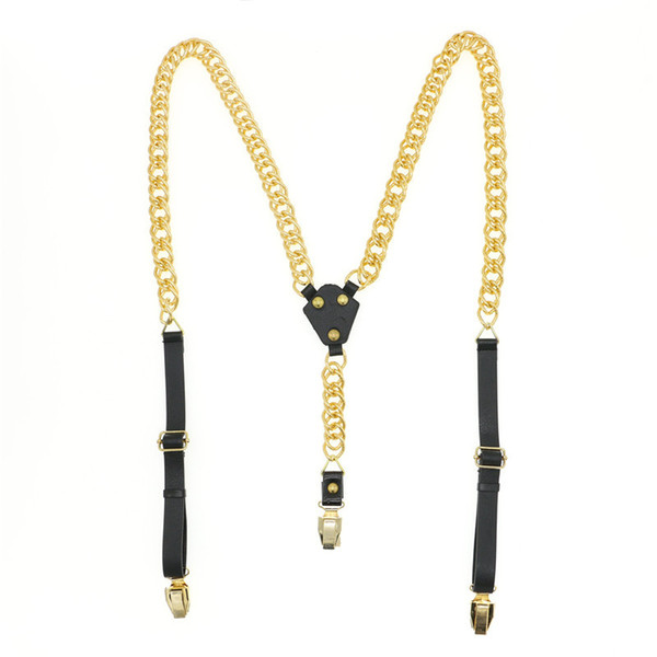 British style fashion golden chain creative leather connection 3 clips women pant suspender