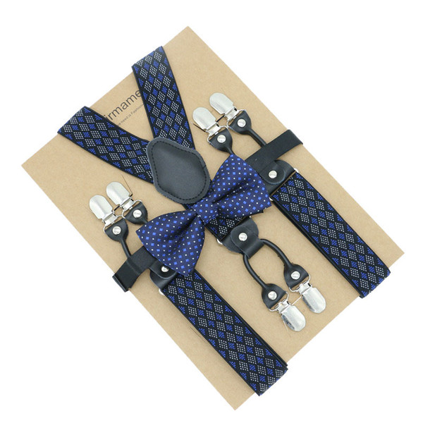 6 Clips Men Y-Shape Jacquard Grid Braces Elastic Adjustable Plaid Suspenders Bow Tie Set Kraft Paper Pack Wedding Use