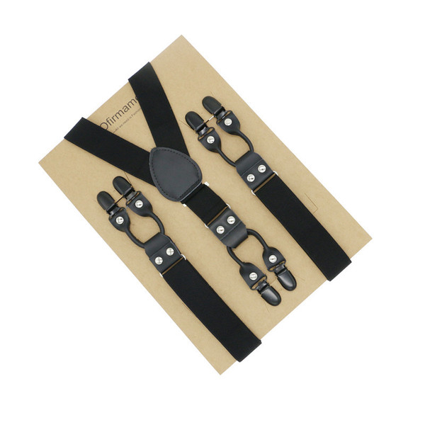 Solid Black Real leather Y back metal plating elegant men suspender 6 clips fashion classic style 3cm width