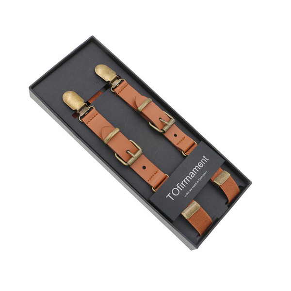 Luxury Gift Box Packing Kid Patched PU Shirt Cake Smash Strap Suspender Brown Elastic Adjustable Y Back 3 Clips