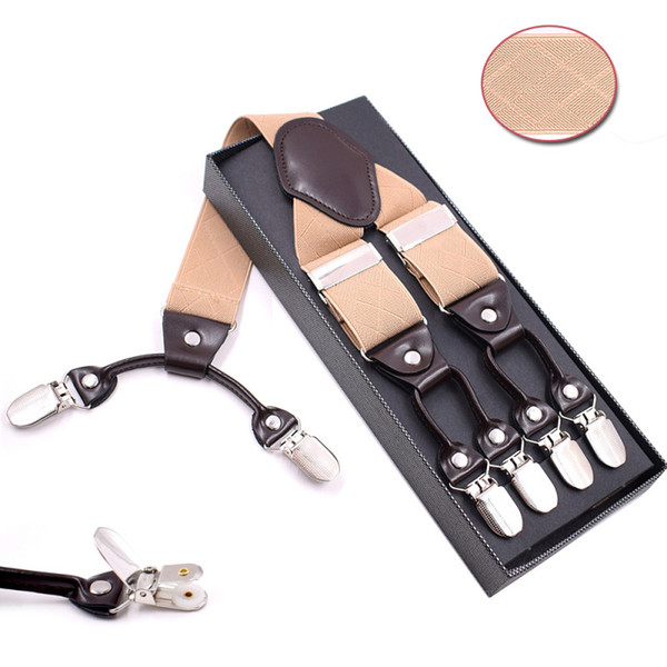 Fashion Male Y type 6 Clips beige pattern Suspenders Braces Suspensorio with Box Adjustable Belt Strap Tirantes Hombre 3.5*120cm