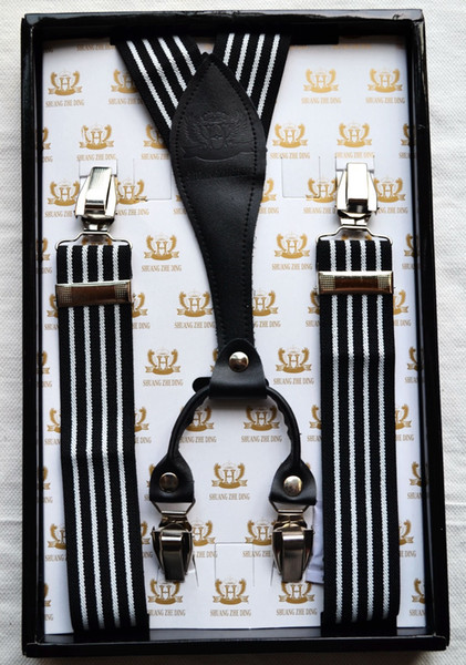 Men's Genuine Leather Y-Back Button Suspender Tuxedo Adjustable Striped Solid Print Clip-On Metal Braces with box