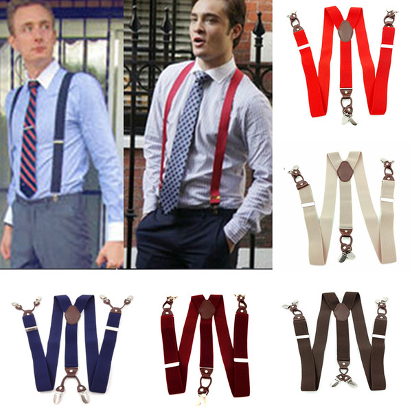 Leather Alloy 6 Clips Y-Back Elastic Suspenders for Male Vintage Casual Commercial Wstern-style Trousers(Wine Red)