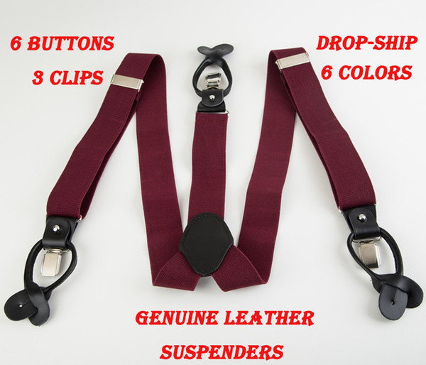 Wholesale-New bretelles Genuine leather Dual suspenders ligas male men's button suspenders cowhide spaghetti strap braces tirantes 6 color