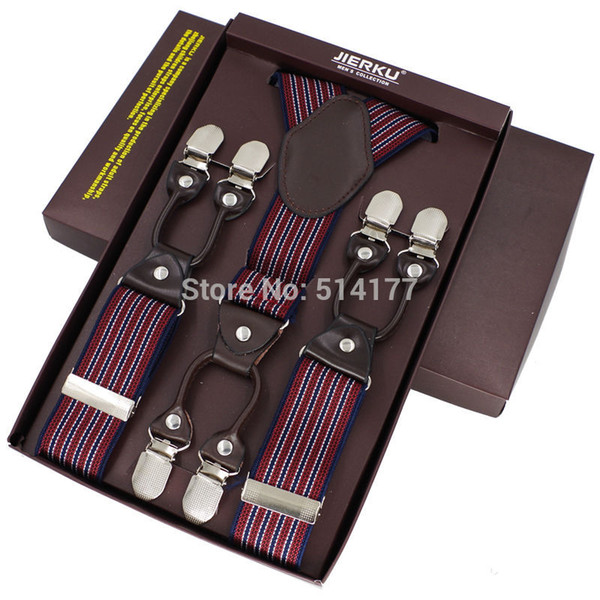 Wholesale-2016 fashion braces leather 6 clips suspenders bretelles Adjustable Belt Strap ligas Tirantes with gift box 3.5*115cm 7 colors