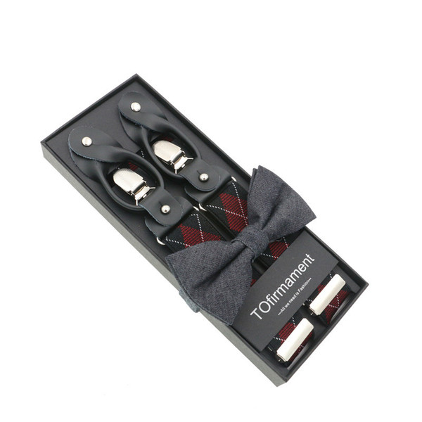 Men's Adjustable 6 Buttons Clips Bowtie Suspender Set Elastic Suspenders Unisex Plaid Braces 3.5cm Width