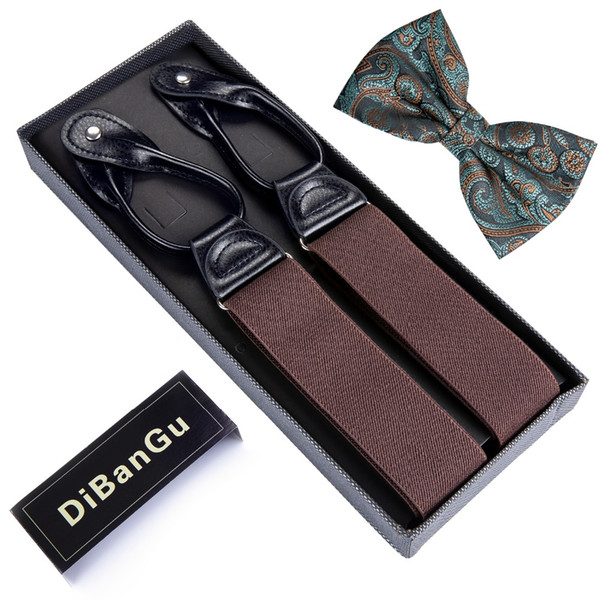 DiBanGu Brown Mens Suspenders Leather 6 Buttons Brace Strap Bowtie Set Hot Sale suspensorio Adjustable Bow Tie BD506-LJ058