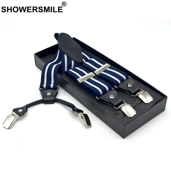 SHOWERSMILE Stripe Suspenders Pants Men Elastic Y Shape Braces 4 Clips Suspender Belt 3.5*120cm Navy Suspender Male Red Black