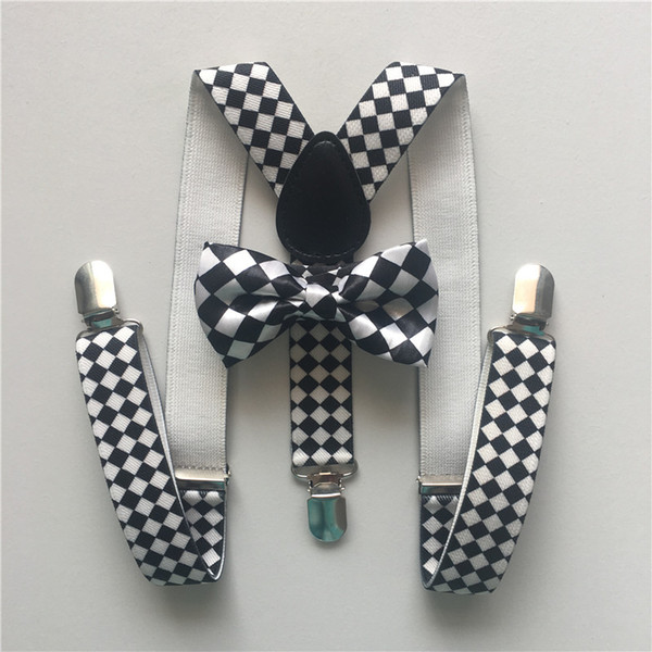 2PCS Black and white check Children Suspenders Bow Sets Bowknot Bowtie Y-Back Kids Printing Party Clothes & Accessories BDTZ036