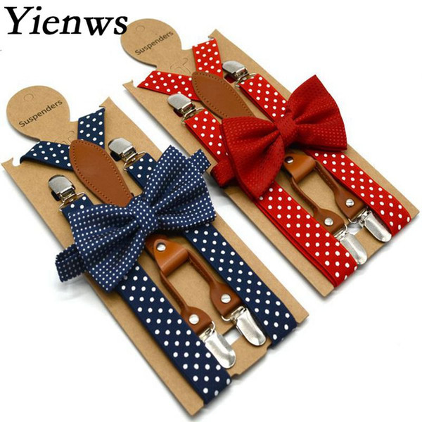 Polka Dot Bow Tie Suspenders for Men Women 4 Clip Leather Suspensorio Adult Bowtie Braces for Trousers Navy Red YiA119