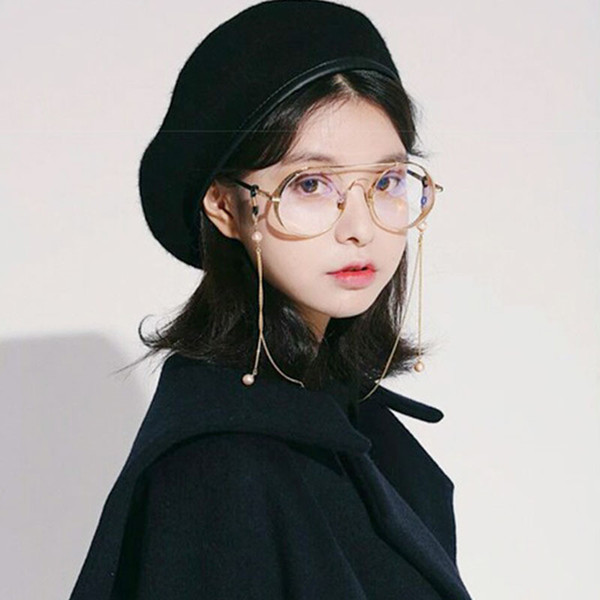 Web Celebrity With Glasses Female Retro Metal Round Large Frame Pearl Chain Decorative Myopia Glasses Border Fashion Accessories