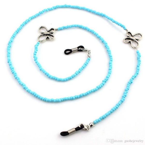 Handmade Beads Girl Glasses Chain Lanyard Accessories Blue Fresh Rice Beads Openwork Vintage Silver Alloy Butterfly