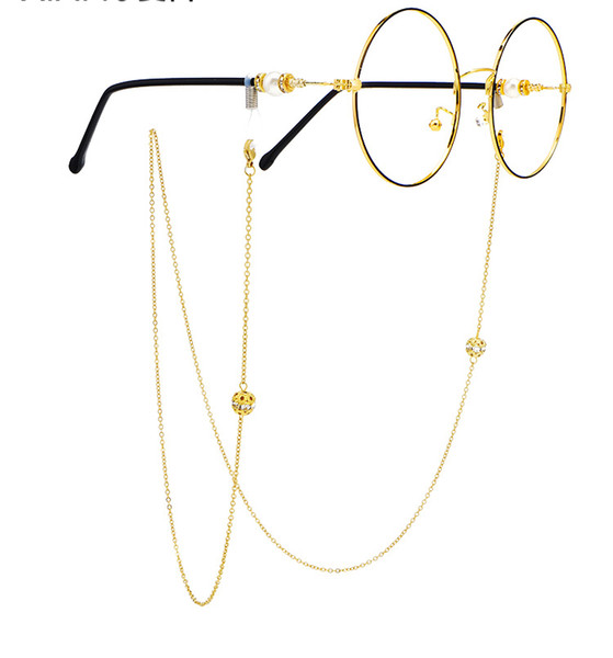 Women 24k gold plated titanium sunglasses lanyard neck metal ladies Korean sweet hollow out ball crystal eyeglasses chain holder