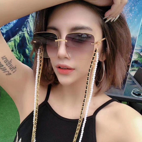 INS Hot CH Three Links Glasses Hanging Chain Pearls Decoration Metal Lock With Logo Sunglasses Chain 2 Colors 10pcs/lot