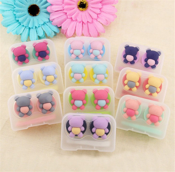 Cute Bear Colorful Contact Lens Case Portable Cute Pocket Mini Glasses Cases Travel Kit Mirror Container Double Boxes Eyes Care