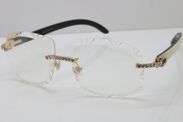 Free shipping Eyeglasses T8200762 New Unisex Glasses Hot Self-Made Optical Rimless Big Stones White Inside Black Buffalo Horn Eyewear