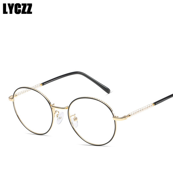 LYCZZ Women Anti Blue Light Optical Eyewear Frame Pearl Gecoration Glasses Female Goggle Round Flat Mirror With Clear Lens