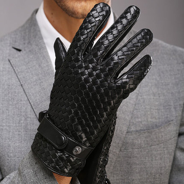 Fashion Gloves for Men New High-end Weave Genuine LeatherSolid Wrist Sheepskin Glove Man Winter Warmth Driving