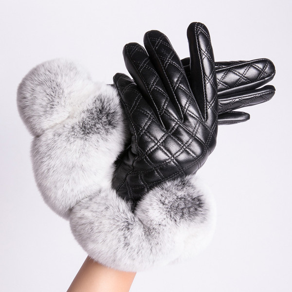 MPPM Real Rex Rabbit Fur Gloves Women Genuine Leather Gloves for Winter Touchscreen Fashion mittens