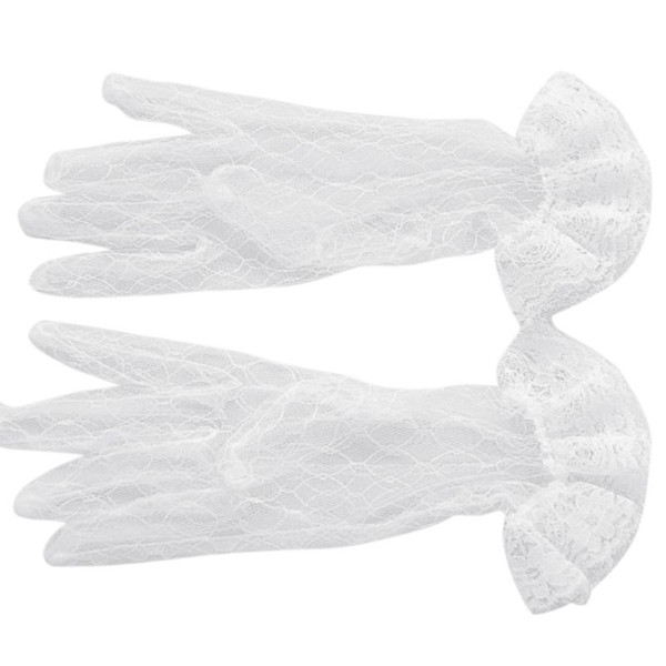 1 Pair White Bridal Wedding Short Gloves Full Fingered Transparent Gauze Ruffle Lace Trim Wrist Length Mittens Party Accessories