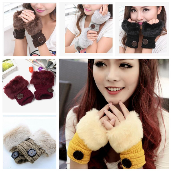 Winter Women Gloves Artificial Rabbit Hair Half Fingers Winter Wrist Warmer Knitted Fingerless Gloves Mitten Knitting Button Gloves KKA2521