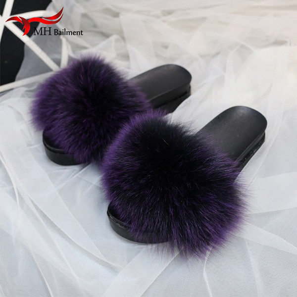 2018 Kids Real Fox Fur Girls Slipper Spring Summer Natural Fur Slides Children Indoor Outdoor S60