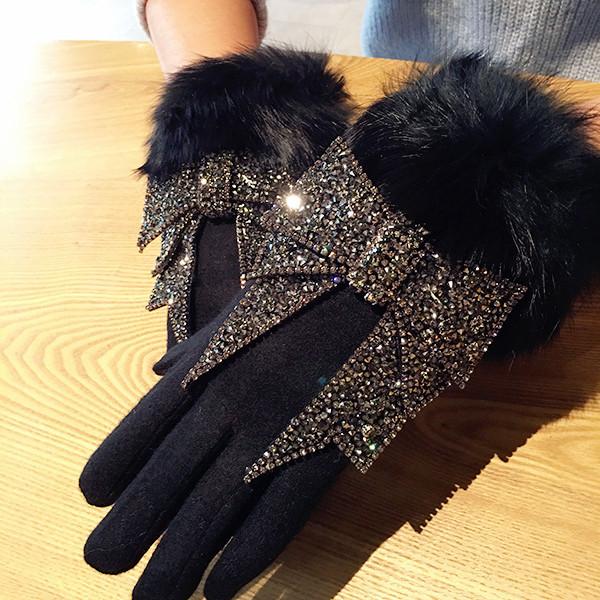 Women's Winter Wool Touch Screen Gloves Rhinestone Luxury Bowknot Fur Gloves Female Mittens Cashmere Warm Luva