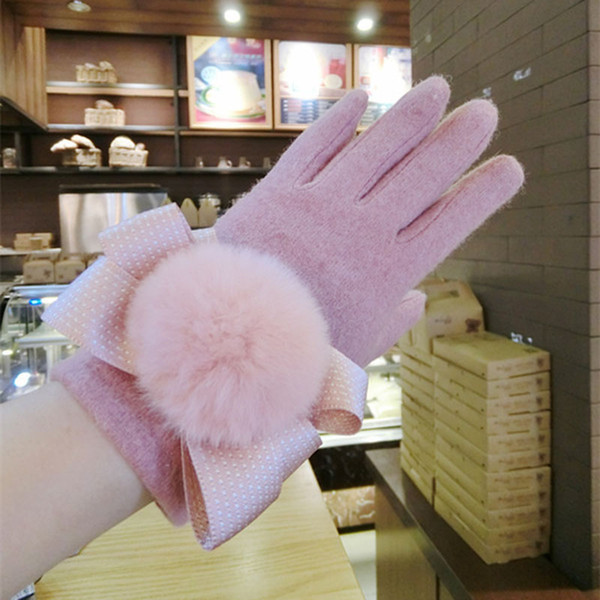 FY New touch screen five fingers cashmere lady bow ball ball female winter lovely warm gloves