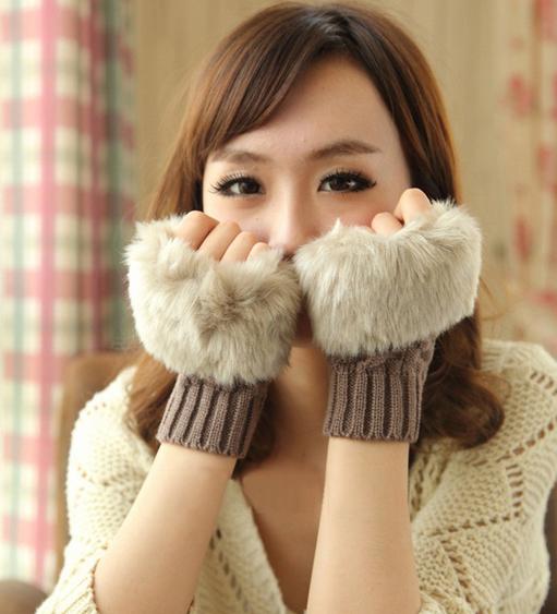 Fashion Winter Arm Warmer Fingerless Glove Knitted Fur Trim Gloves Mitten Soft Warm Faux Fur Gloves Female Rabbit for keyboard 8 Colours