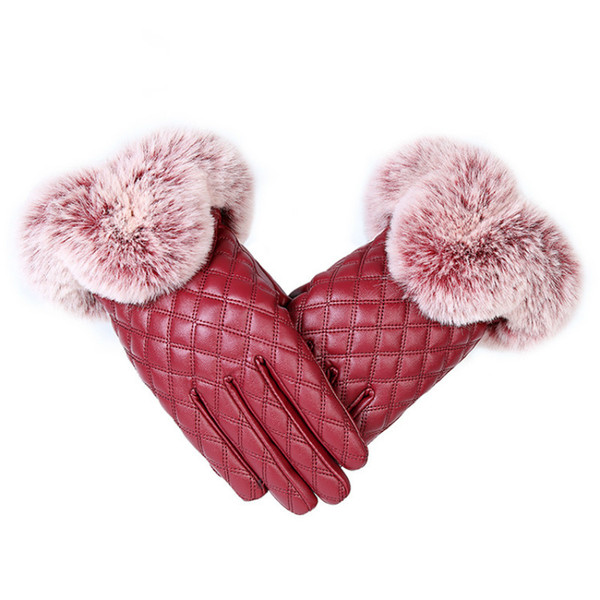 KUYOMENS Fashion Women Warm Thick Winter Gloves Leather Elegant Girls Brand Mittens Free Size With Rabbit Fur Female Gloves